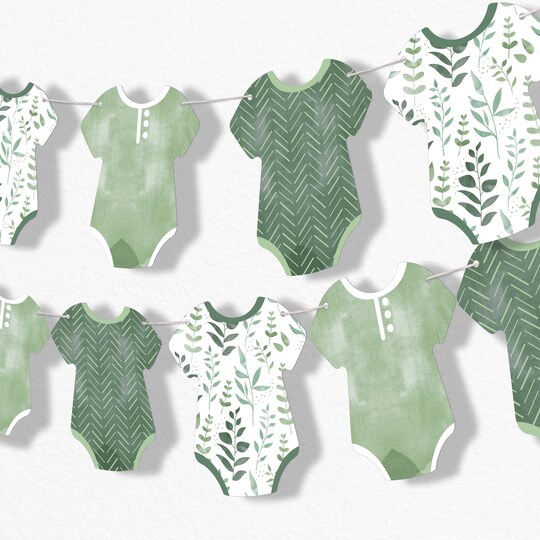 Big Dot of Happiness; Big Dot of Happiness Boho Botanical Baby Garland Banner, Greenery Baby Shower, Gender Neutral Decorations Banner, 30 Feet of Cord, 15 Double-Sided Green Baby Bodysuits; Category:Banners; Image:1
